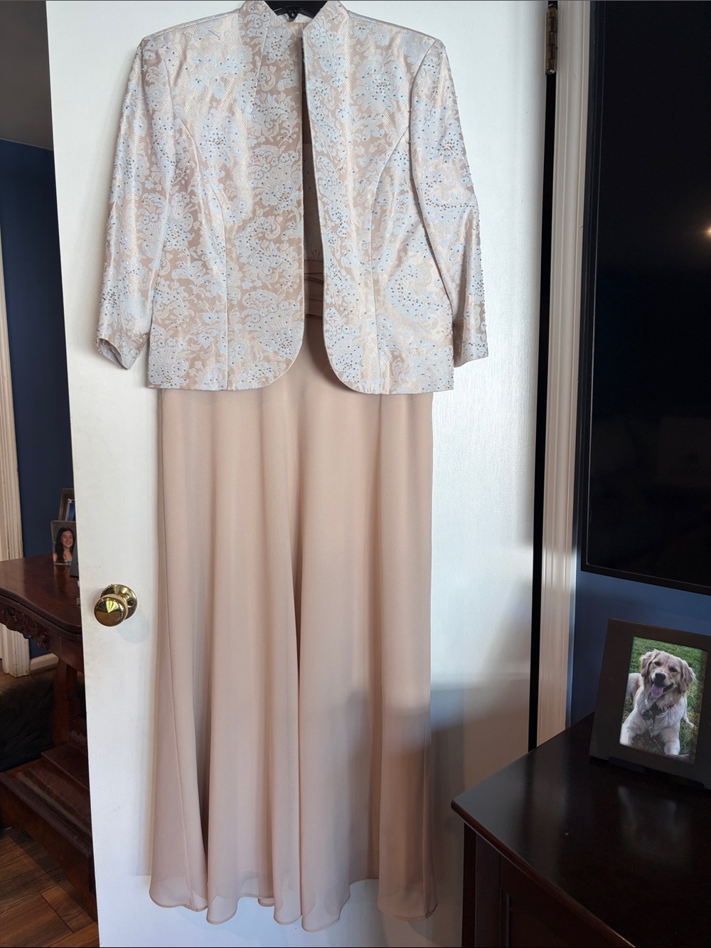 R&M Richards Metallic Jacquard Beaded Jacket Dress Set Blush Champagne Size 12